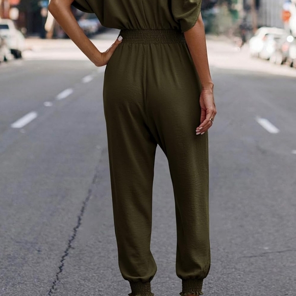 Surplice High Waist Cold Shoulder Strap Jumpsuit Wmn's M Olive Green Flattering - Picture 3 of 9